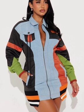 Mini Colorblock Zip Front Mini Dress in Light Blue, Orange & Green